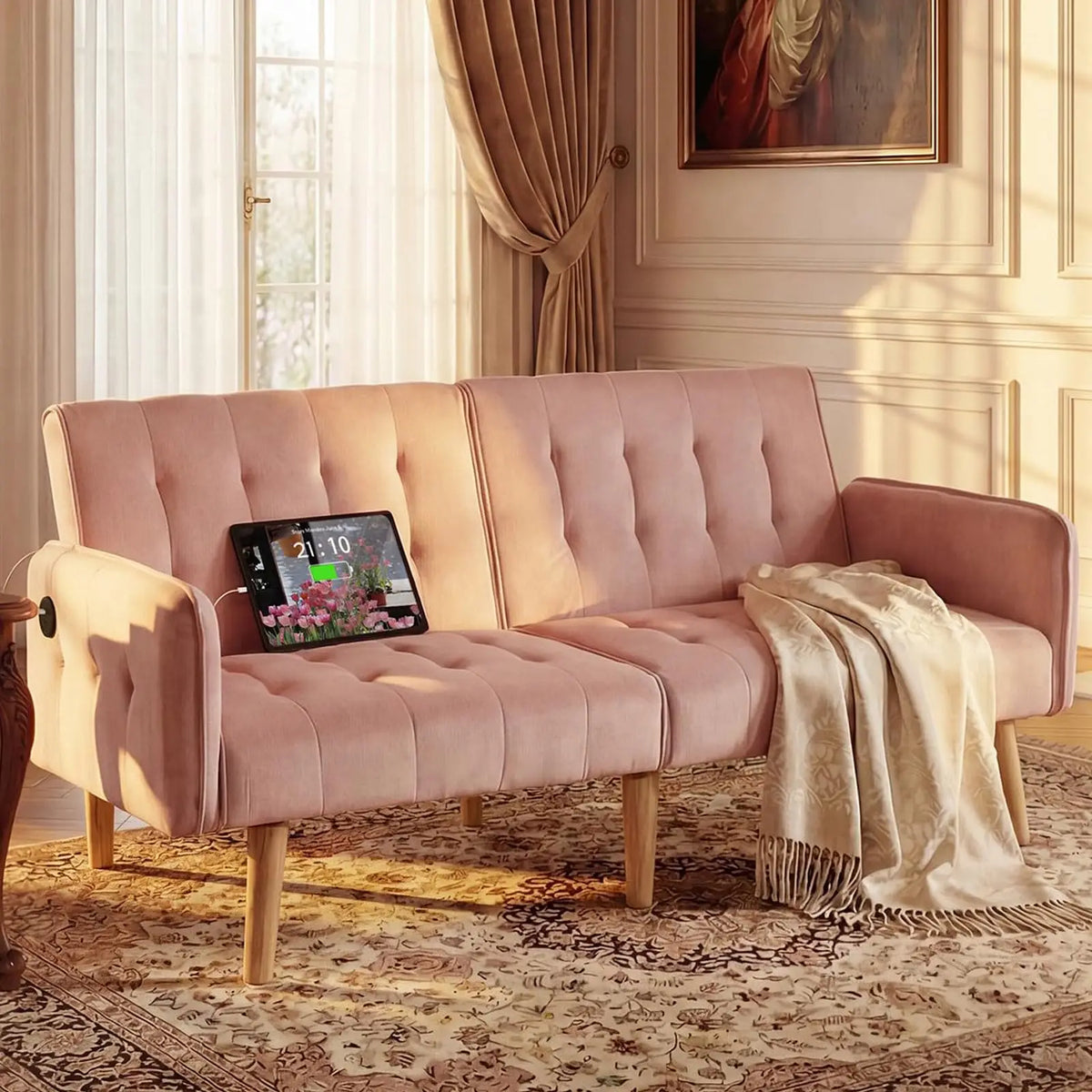 Tyboatle Convertible Faux Leather Futon Sofa Bed With USB Ports