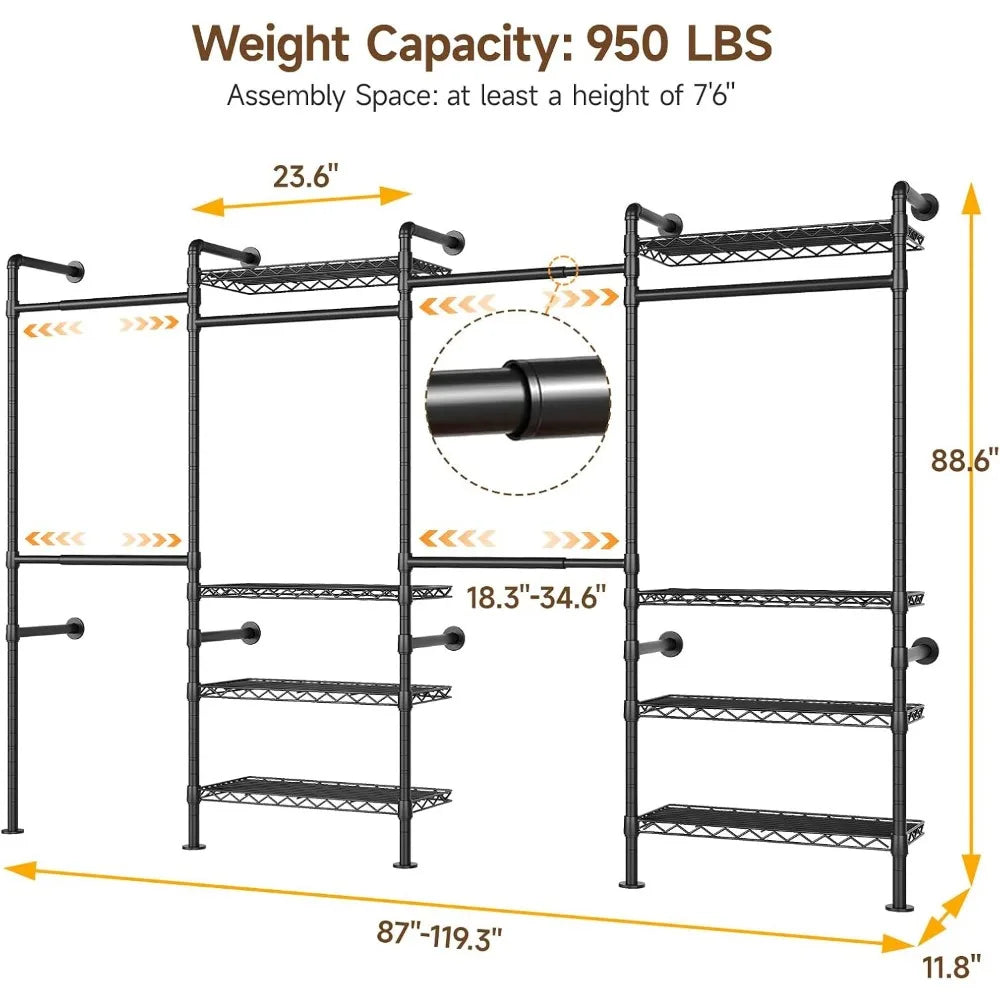 Wall Mounted Closet System Industrial Pipe Clothes Rack For Storage