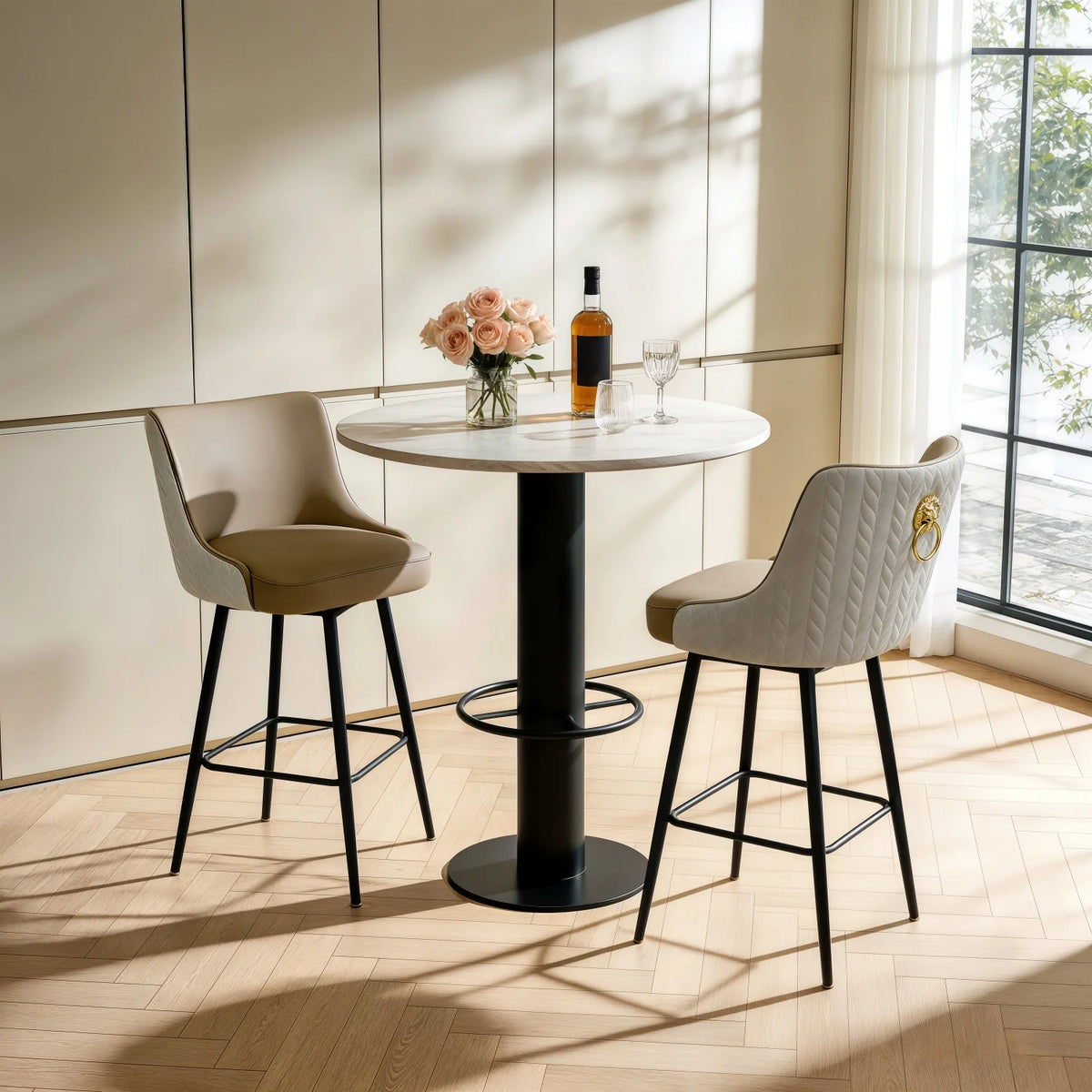 Swivel Bar Stool With Leather Upholstery High Back And Footrest