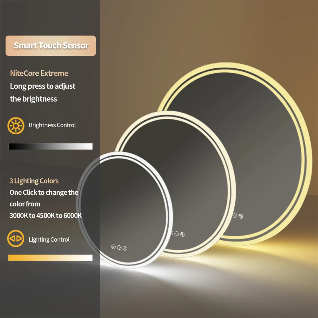 LUVODI Round Bathroom Mirror With Intelligent Dimmable Anti Fog LED