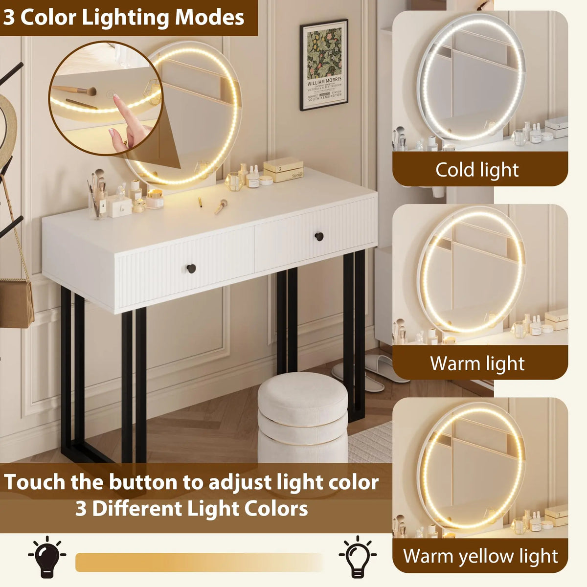 Vanity Desk with Mirror and Lights, Small Makeup Vanity with 2 Drawers, Modern Vanity Organizer with 3 Color Lights&Adjustable Brightness, Dressing Table for Bedroom