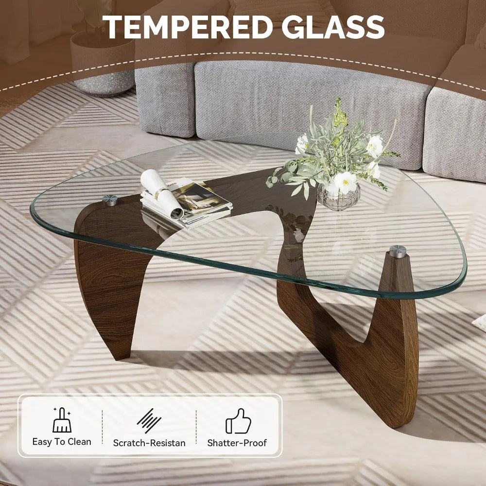 Triangle Glass Coffee Table with Wooden Base for Living Room and Office