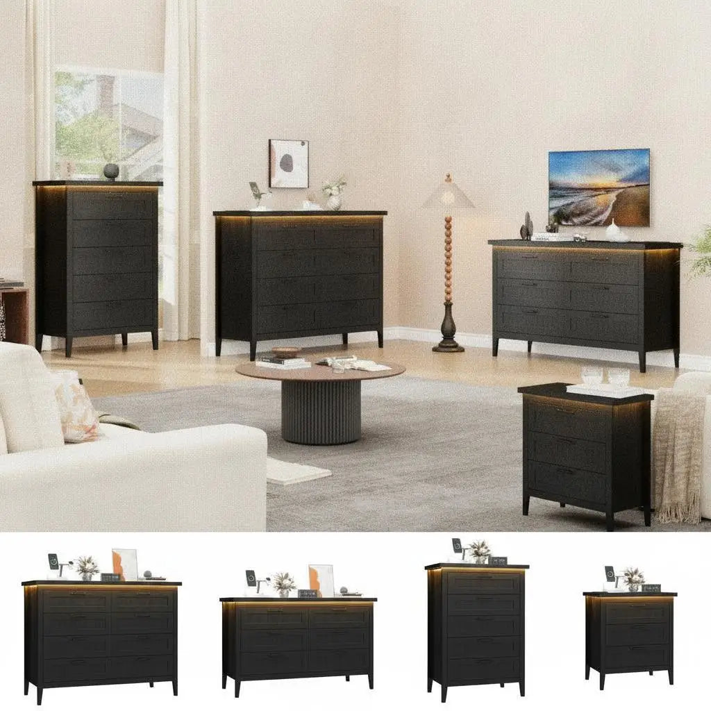 Farmhouse Wooden Dresser With Charging Station And LED Lights