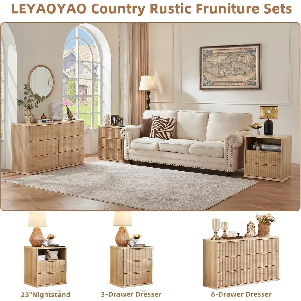 Natural Three Drawer Nightstand With Charging Station And Metal Handle