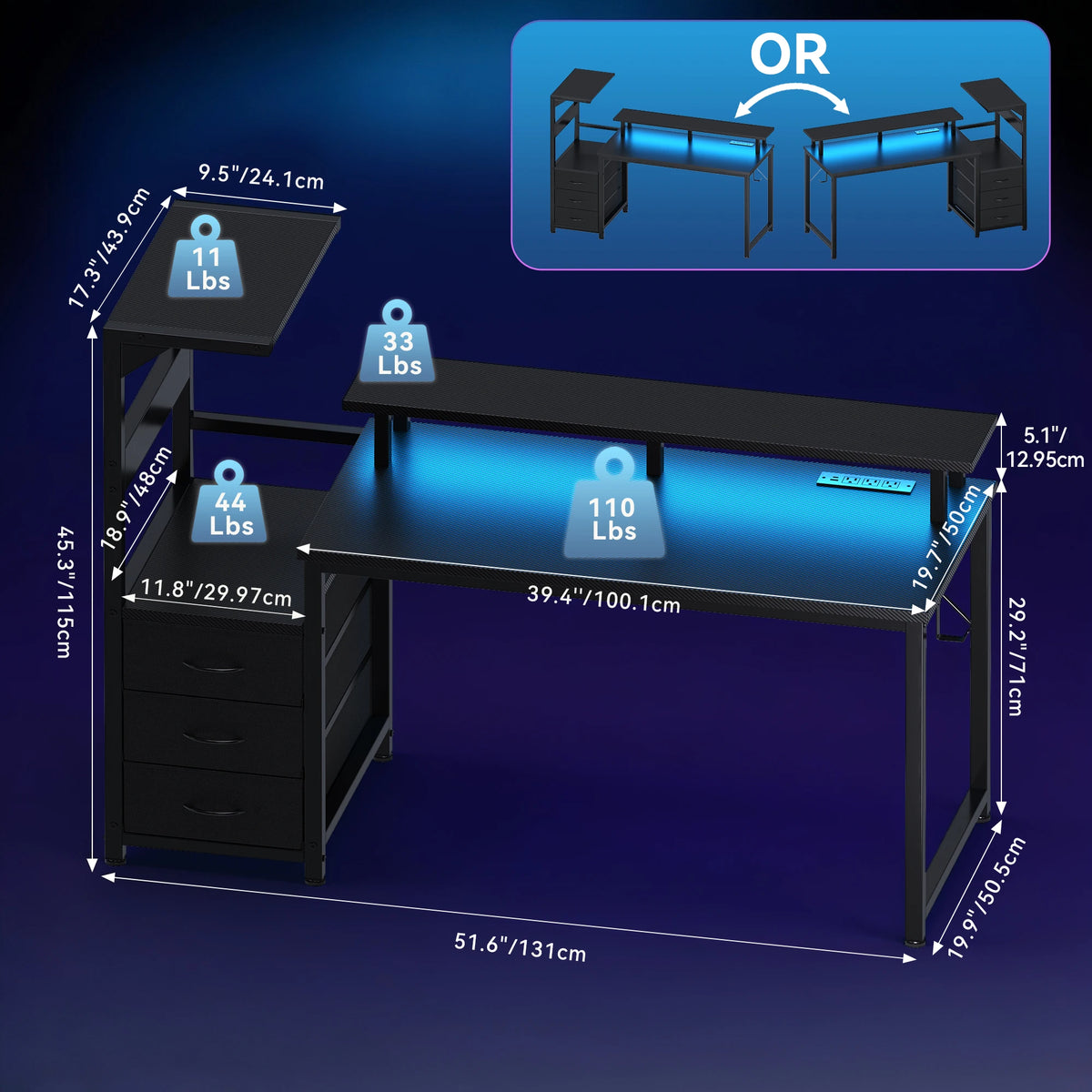 JHK Gaming Desk With Drawers LED Lights And Power Outlets