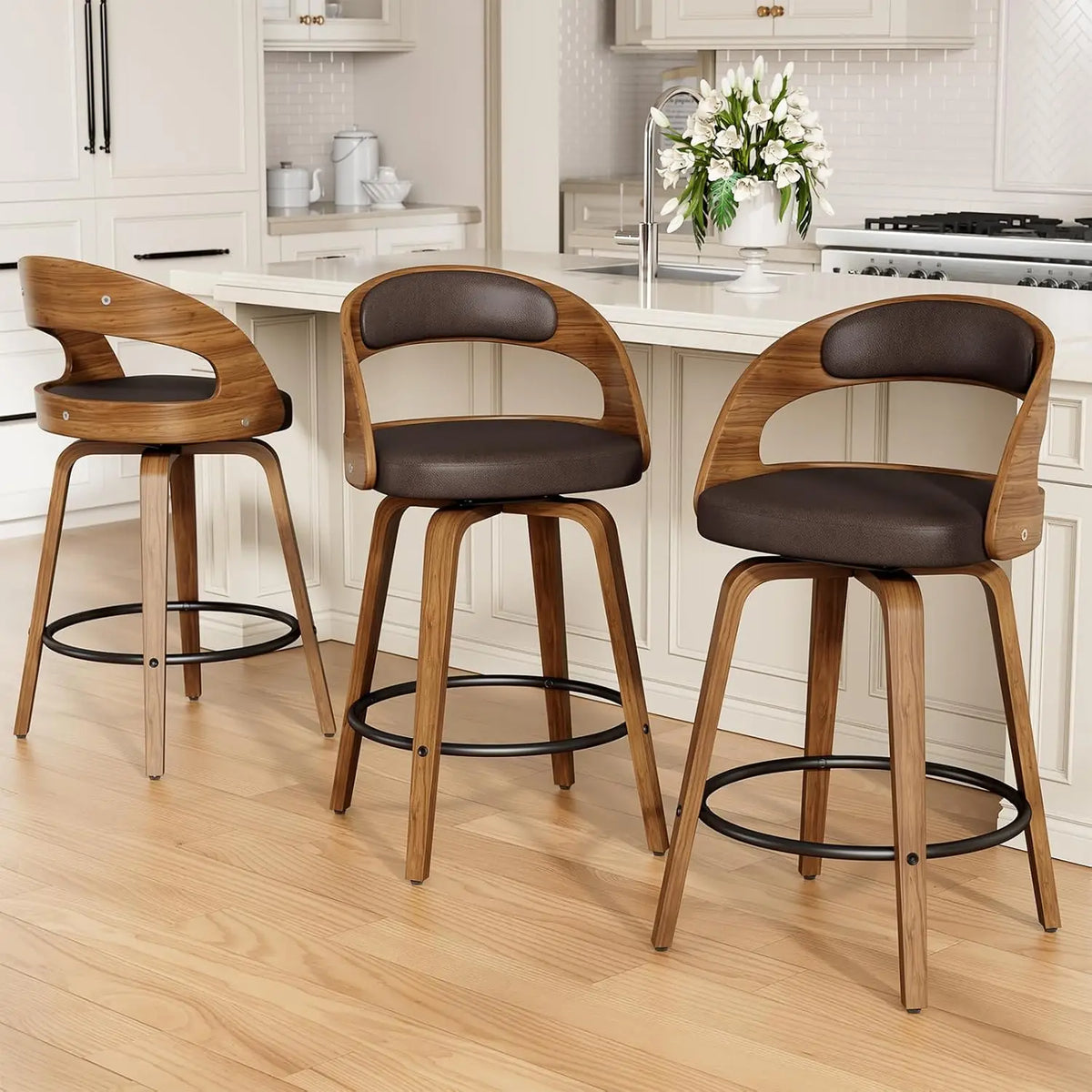 26in Bentwood Counter Stools Set 3 PU Leather Swivel Bar Chair with Back Footrest Kitchen Cafe Dining, Custom