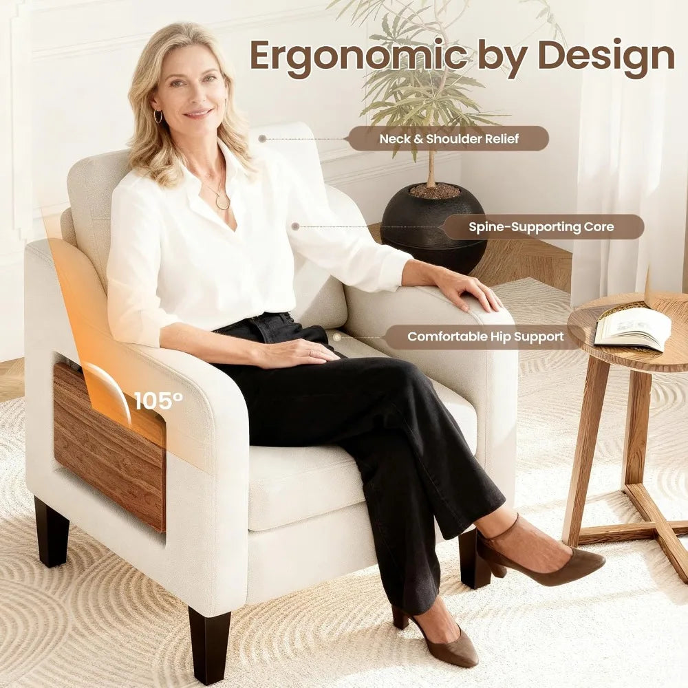 Linen Armchair With Foldable Side Table And Pockets