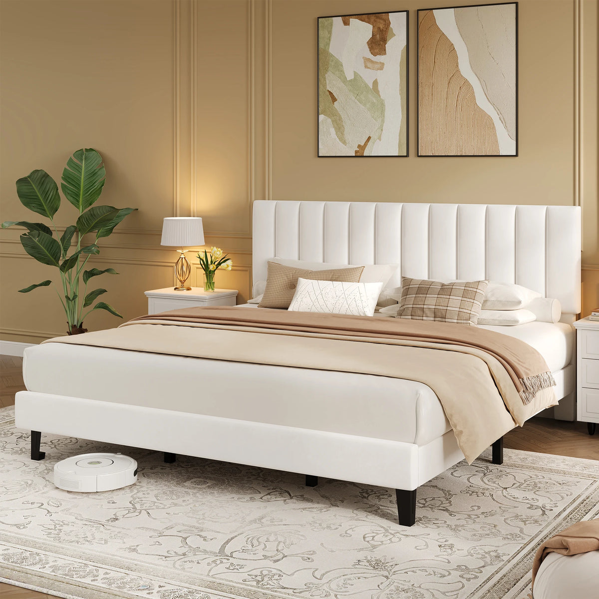GAOMON Velvet Upholstered Platform Bed Frame With Adjustable Tufted Headboard