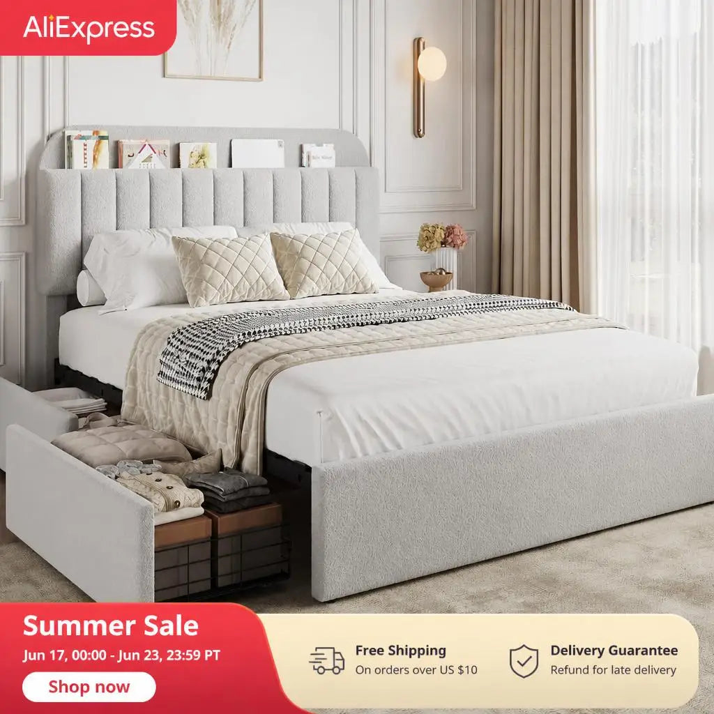 GAOMON Upholstered Bed With Headboard, Storage Drawers And Display Shelf