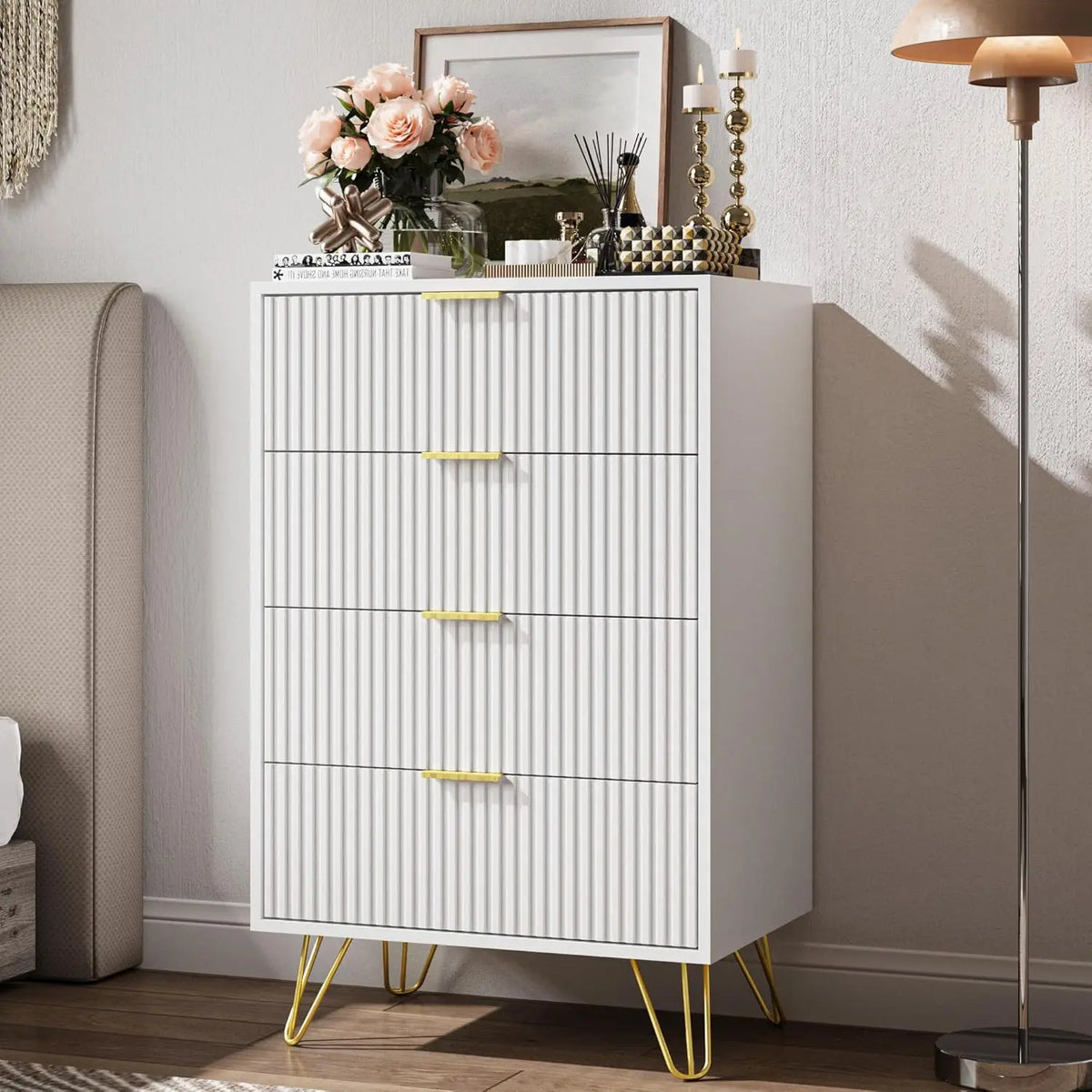 White Modern Dresser with Gold Metal Handles for Bedroom