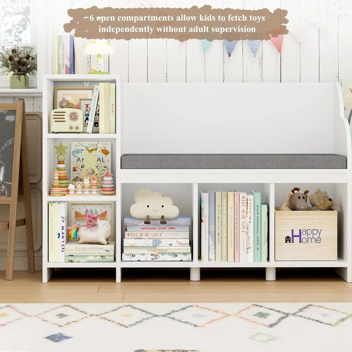 67"W Kids Reading Nook with Bookshelf, Toy Storage Organizer, White | Cushioned Bench & Large Movable Toy Storage Box on Wheels, 6 Open Cubbies for Ease Fetch, Kid Bookcase for Playroom, Kid Room