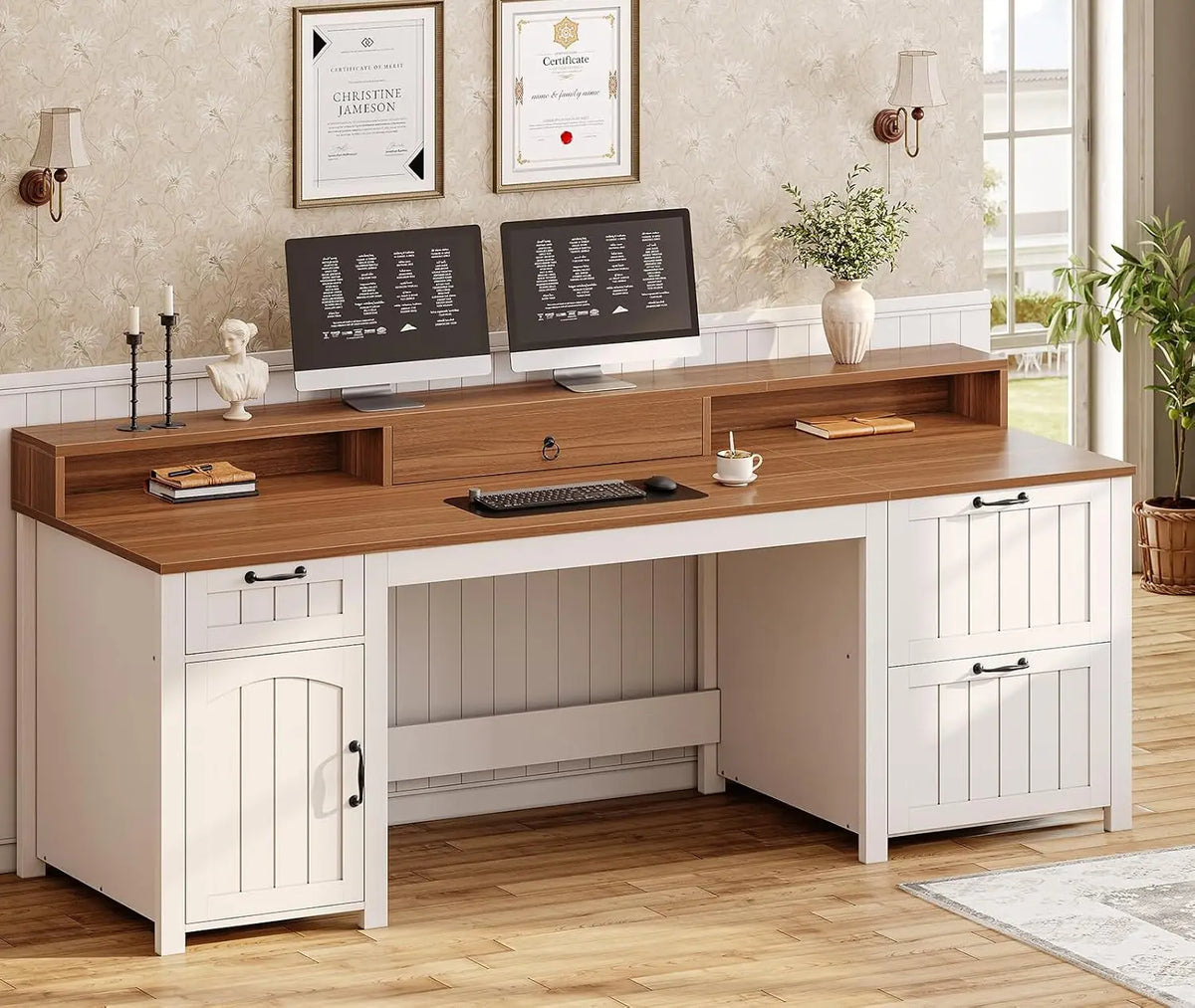 Farmhouse Executive Desk With File Drawers Monitor Stand And Storage