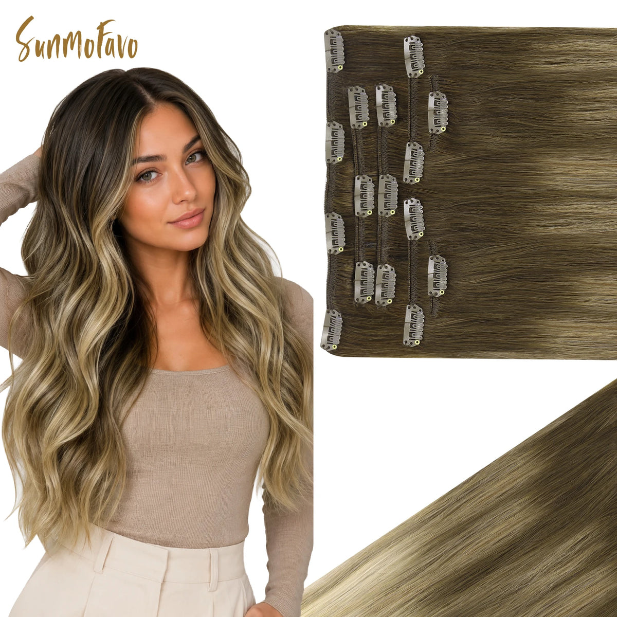Sunmofavo Clip In Human Hair Extensions 100% Remy Straight, 3‑8‑613 Walnut Brown Bleach Blonde Ombre, Seamless Clip‑On Hairpieces 7Pcs 120G For Fine Thin Hair Silky Smooth Re‑Stylable Non‑Slip Clips For Women Daily