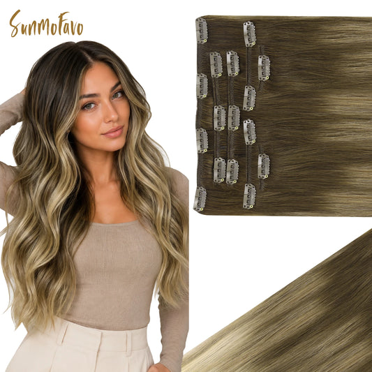 Sunmofavo Clip In Human Hair Extensions 100% Remy Straight, 3‑8‑613 Walnut Brown Bleach Blonde Ombre, Seamless Clip‑On Hairpieces 7Pcs 120G For Fine Thin Hair Silky Smooth Re‑Stylable Non‑Slip Clips For Women Daily