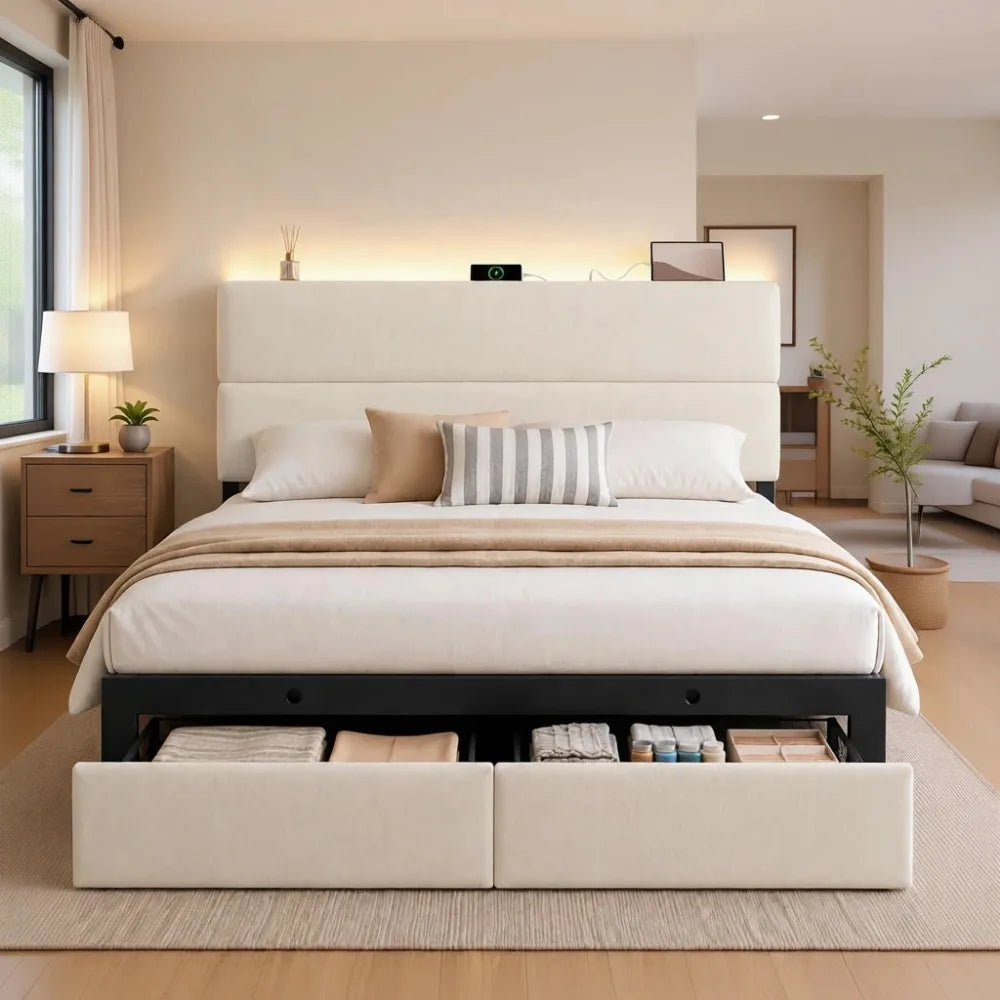Upholstered Metal Bed Frame With Storage Drawers Led Headboard Lighting