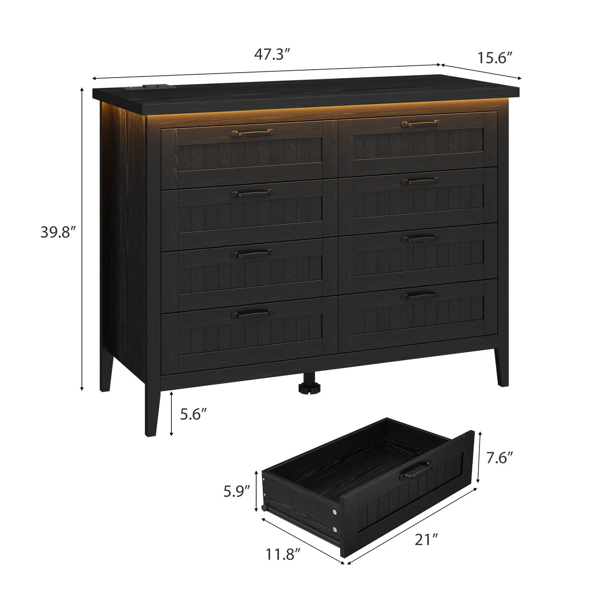 Farmhouse Wooden Dresser With Charging Station And LED Lights