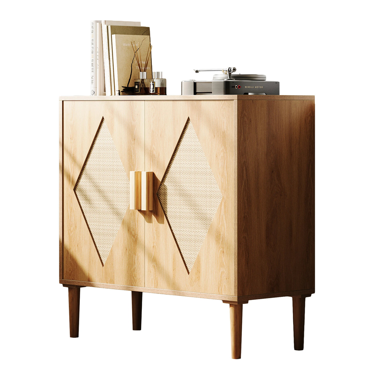 GarveeLife Boho Wooden Sideboard with Rattan Doors and Adjustable Storage
