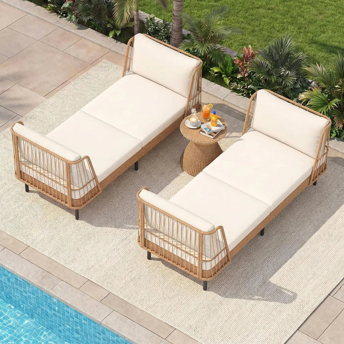 2 Seater Outdoor Rattan Daybed Sofa with Armrests Cushions Pillows Boho Loveseat for Porch Backyard Garden Poolside, Customized