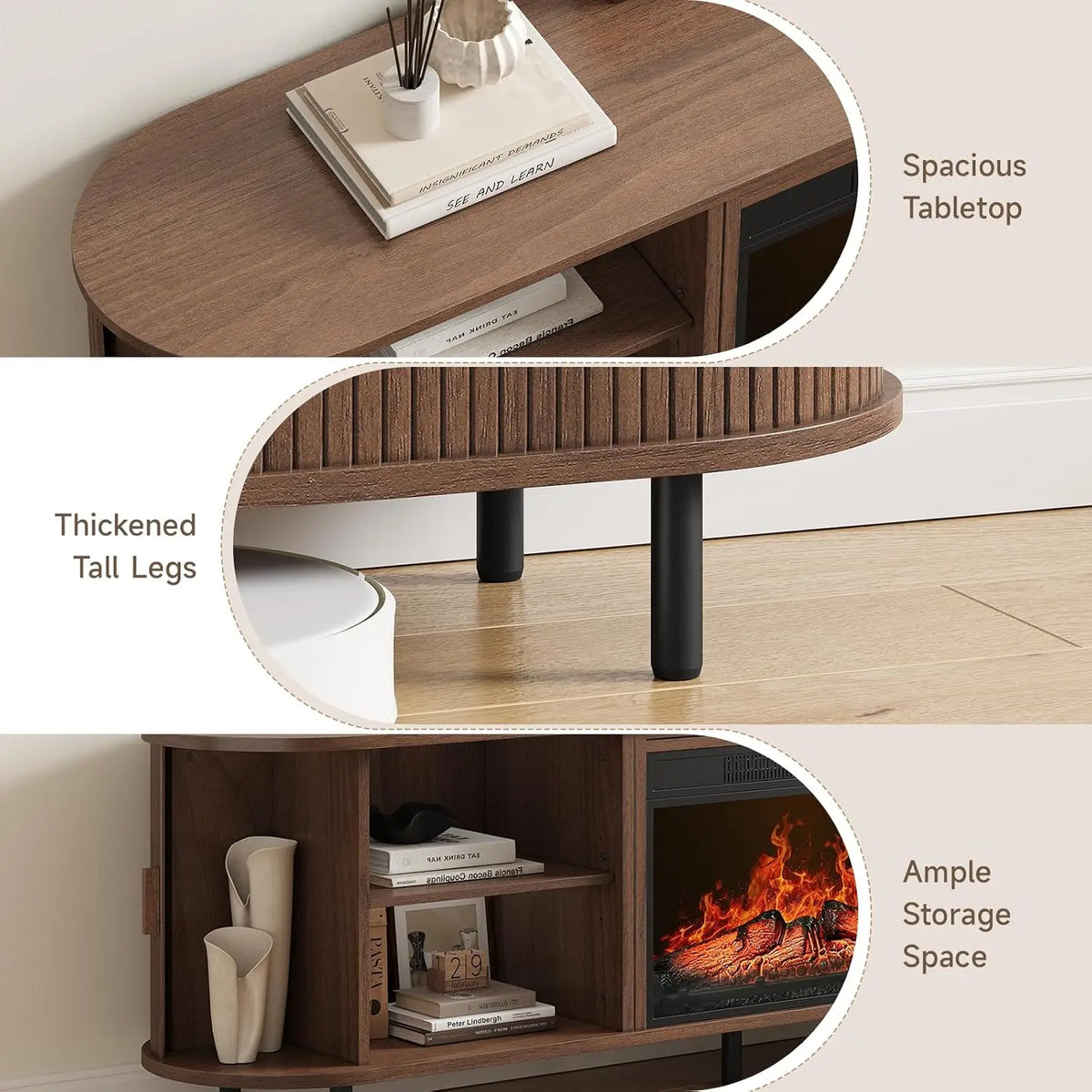 ONBRILL Fluted Electric Fireplace TV Stand With Sliding Doors