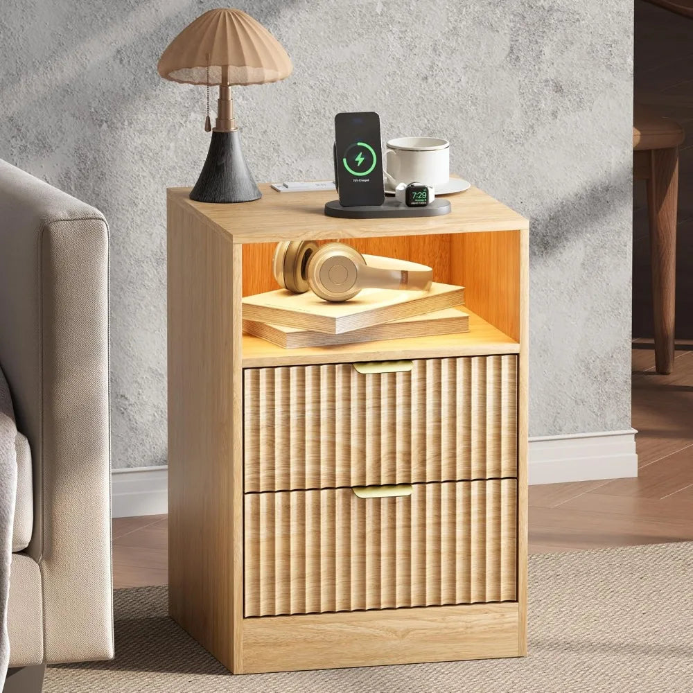 Fluted Nightstand Set Of 2 With LED Charging Station, Farmhouse Style