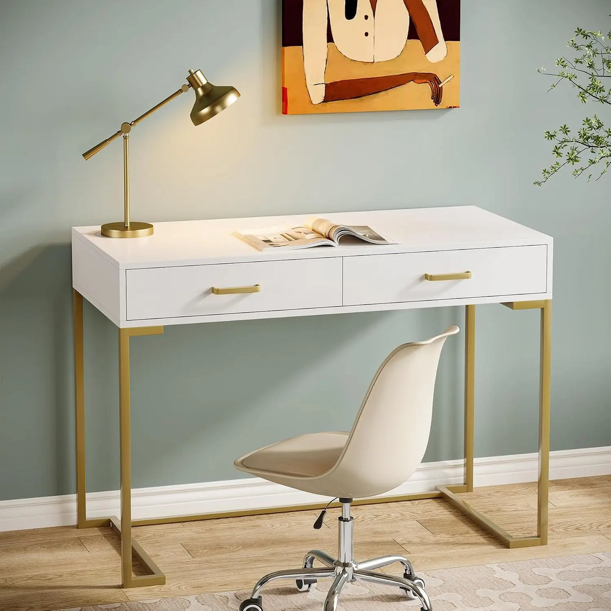 White & Gold Modern Computer Desk with 2 Drawers for Home Office Bedroom Small Space, Customized