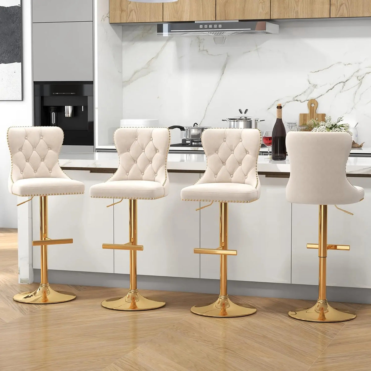 Velvet Swivel Counter Height Bar Stools Set 4 Tufted Back Nailheads Gold Base Kitchen Pub, Custom