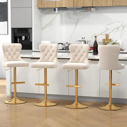 Velvet Swivel Counter Height Bar Stools Set 4 Tufted Back Nailheads Gold Base Kitchen Pub, Custom