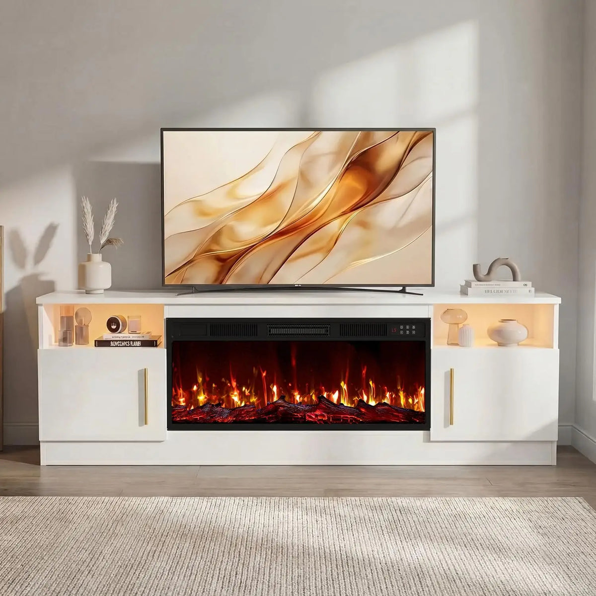 Fireplace TV Stand with 36" Electric Fireplace, Fits TVs Up to 80", 70" LED Lit Entertainment Center, Modern High, Customized