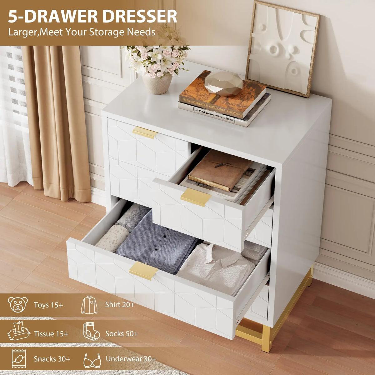 Modern Five Drawer Wood Dresser With Metal Base Storage Cabinet