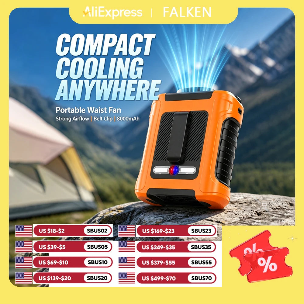 Portable Waist Fan with 8000mAh Rechargeable Battery LED Light Brushless Motor 5 Speed Levels Lasts 5-8 Hours for Outdoor Use