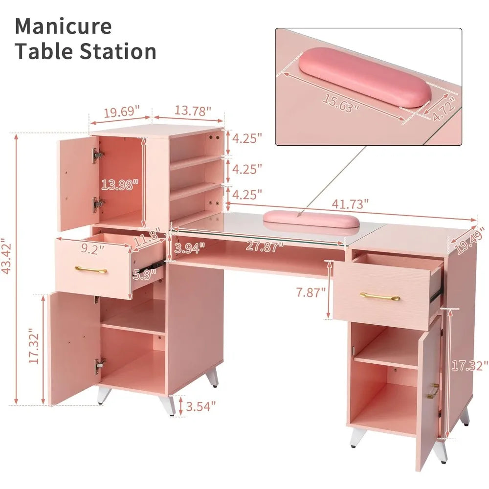 USA Shipping Manicure Table Nail Desk with Glass Top and Wrist Rest, Nail Station, Beauty Salon Nail Supplies
