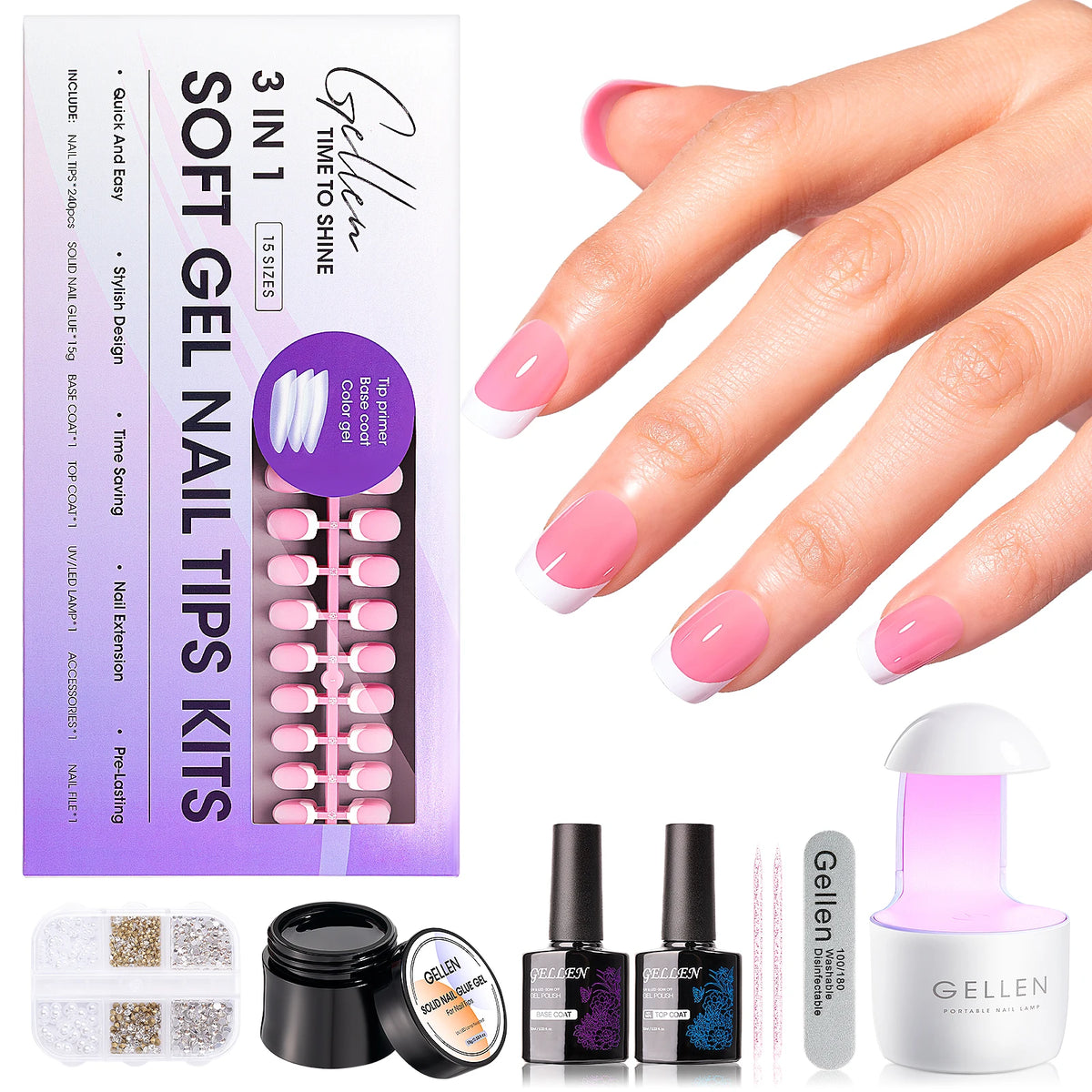 GELLEN Gel Nail Kit With Press On Nails French Tip UV Lamp