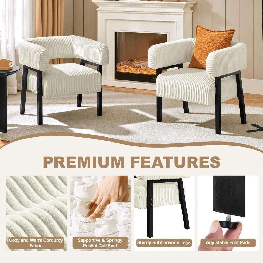 Accent Chair with Pocket Coiled Seat, Corduroy Living Room Armchair for Small Space Bedroom Reading, Beige