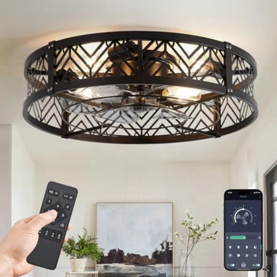 Caged Ceilg Fan with Light, Small Flush Mount Ceilg Fan with AppandRemote, Low Profile Bladeless Ceilg Fan for Bedroom, Kitchen