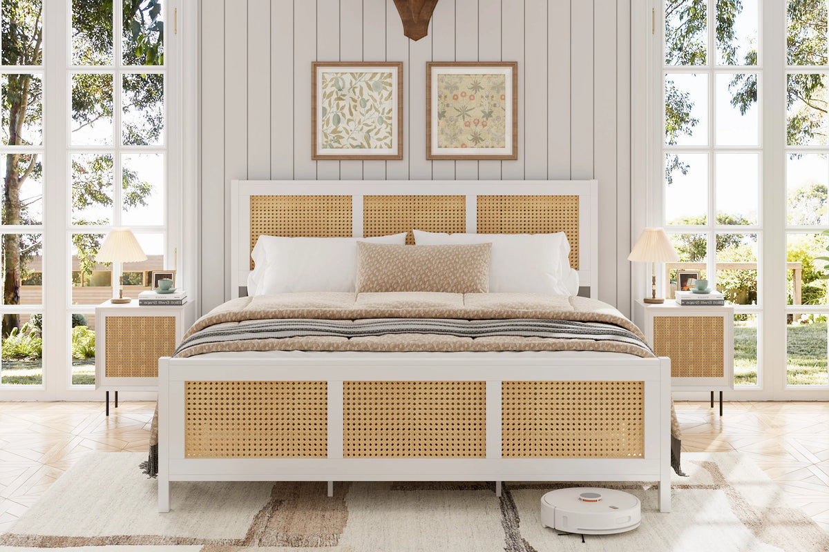 Modern Boho Bed Frame With Rattan Headboard And Storage