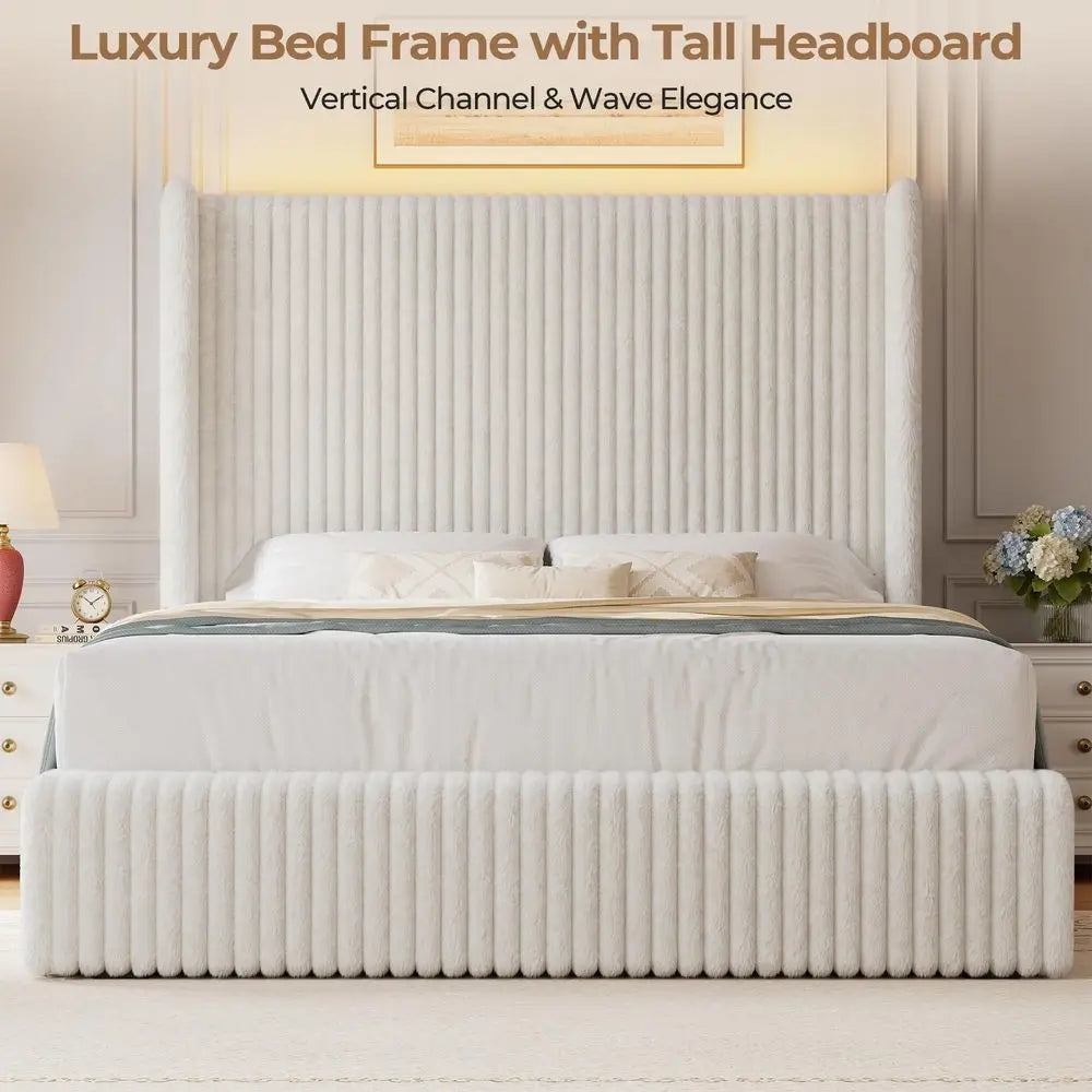 XMSJ Upholstered Velvet Bed Frame With Wingback Headboard