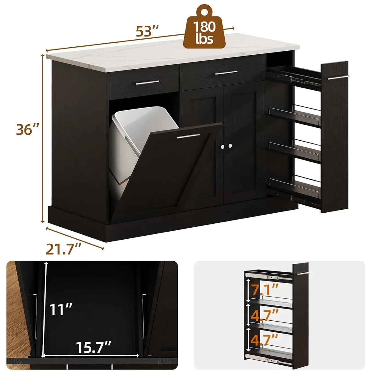 Kitchen Island Cart With Trash Cabinet And Spice Rack And Towel Rack On Wheels