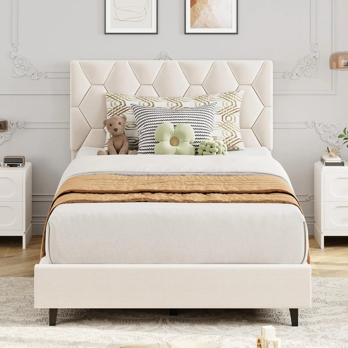 GAOMON Wood Platform Bed Frame With Adjustable Upholstered Headboard
