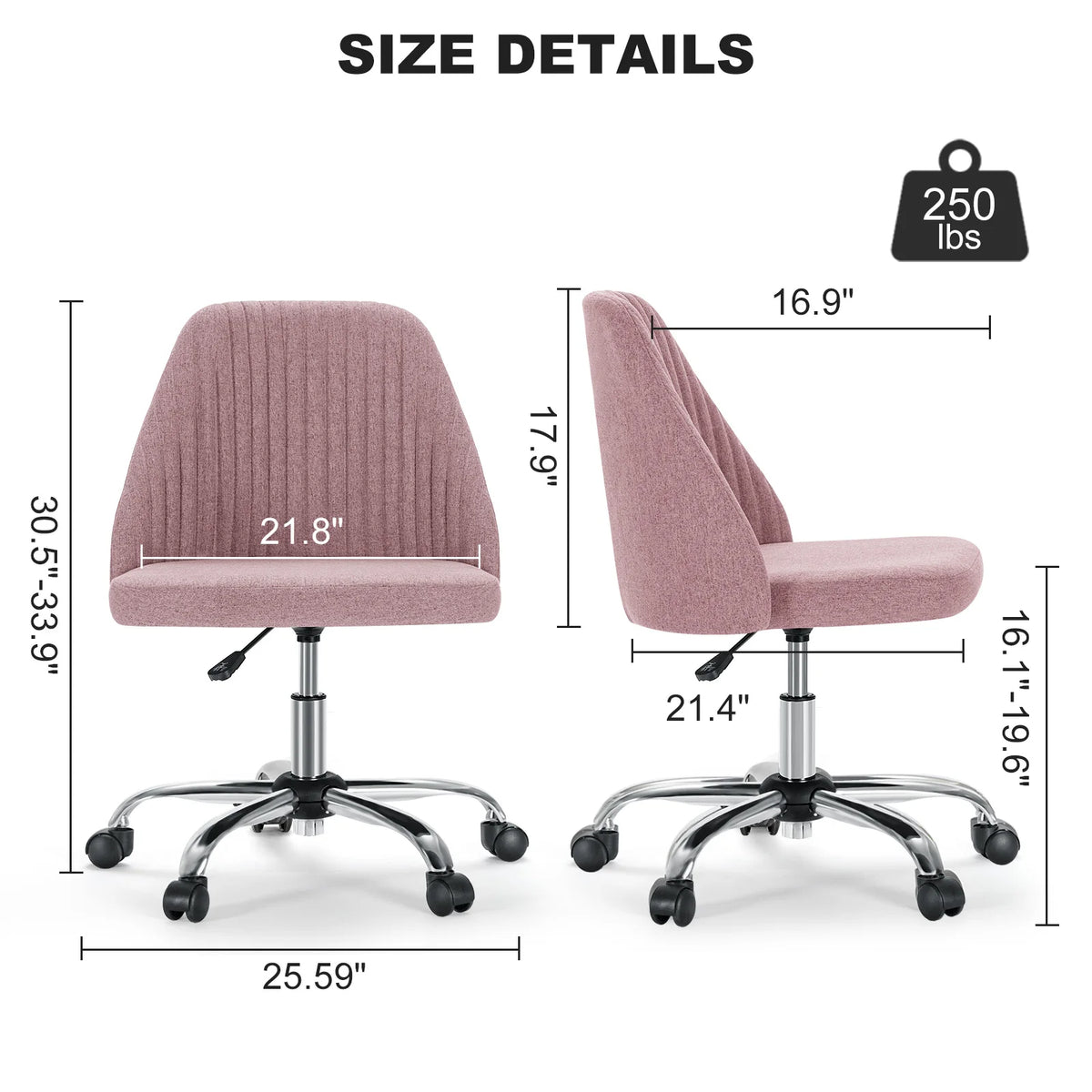 MCQ Armless Ergonomic Fabric Office Chair with 360° Swivel Rolling Adjustable Height Gaming Racing Chair For Home Office