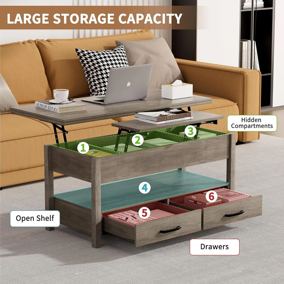 XIUWO Lift Top Coffee Table Featuring Hidden Compartments