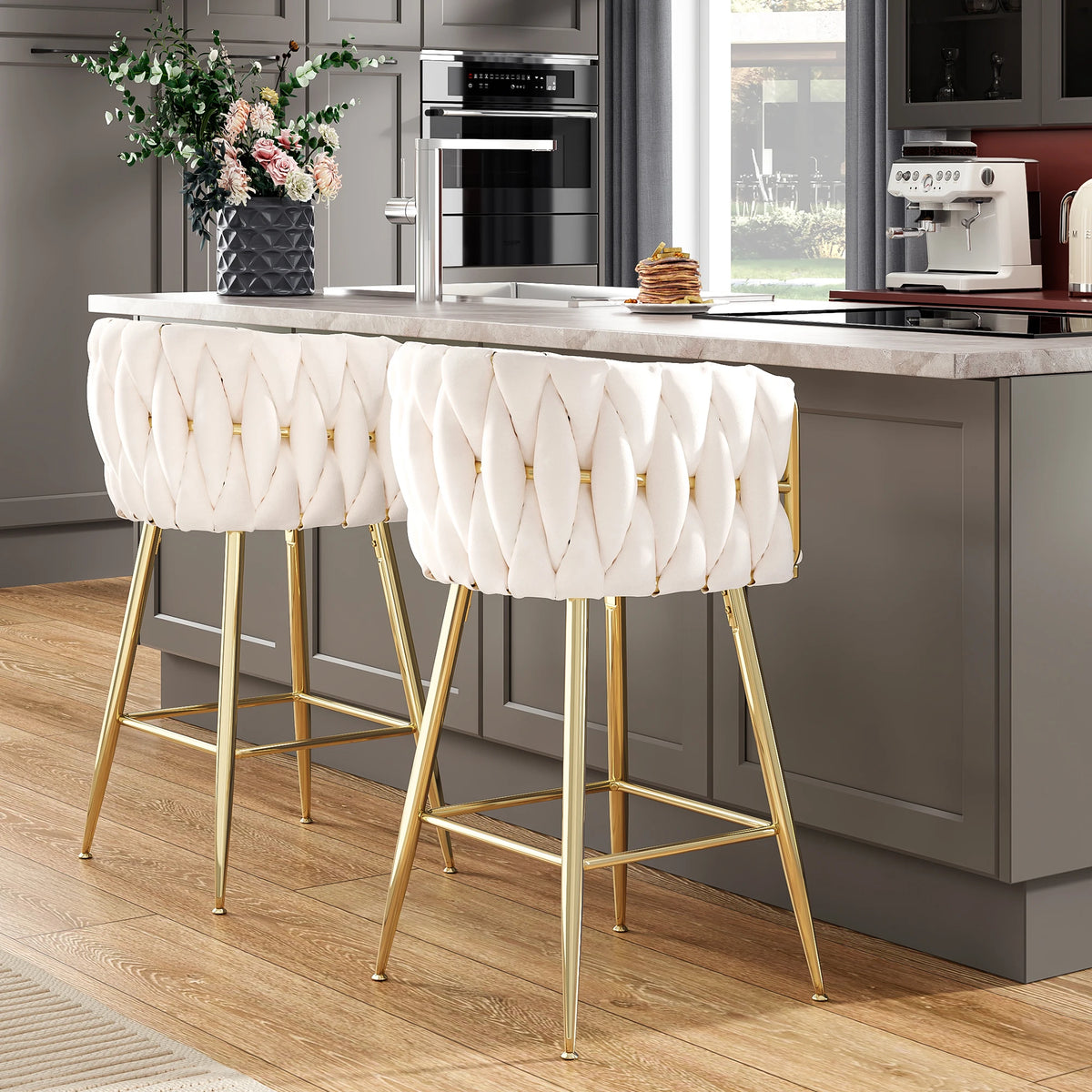 Farini Set of 2 26" Bar Stools, Modern Mid-Century Kitchen Stools with Back, Metal Legs, for Kitchen, Dining Room