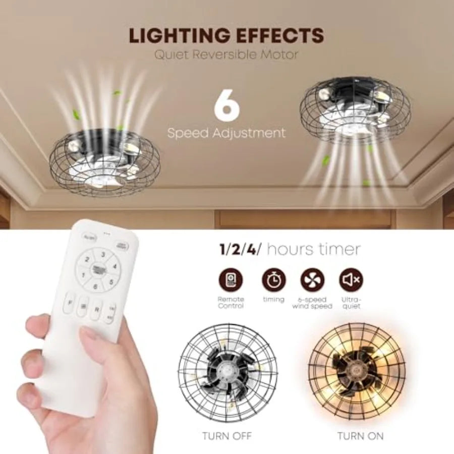Ceilg Fan with Lights, Caged Ceiling Fan Lights Remote Control Small Industrial Ceiling Fan Light Fixture Flush Mount Farmhouse