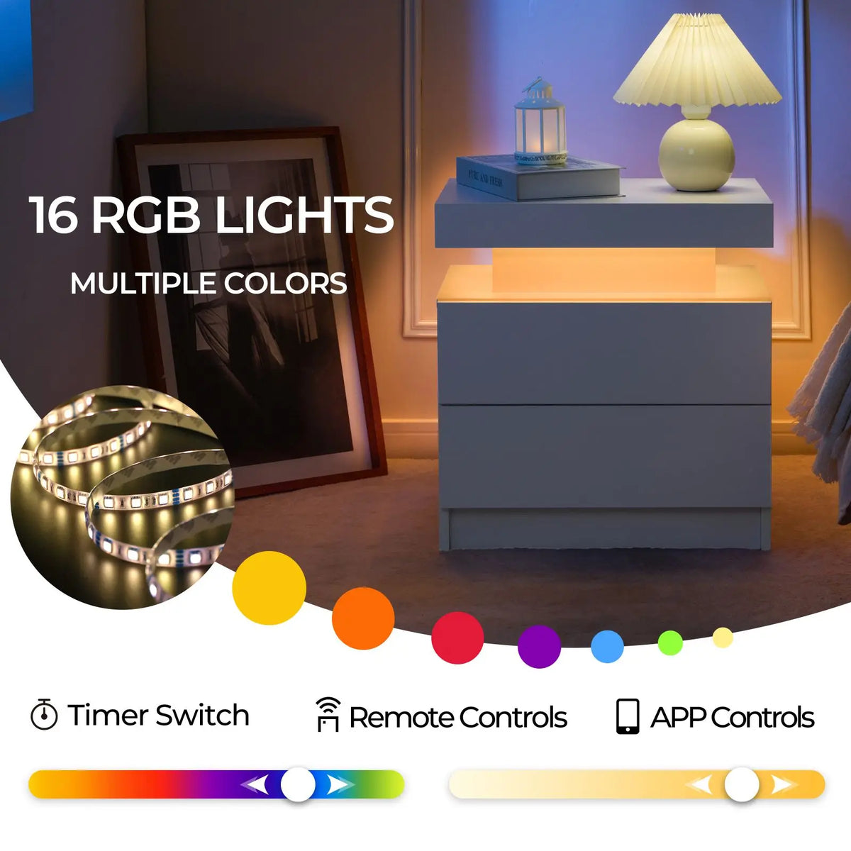 Cubehom Nightstand Set Of 2 With LED Drawers And Lighting