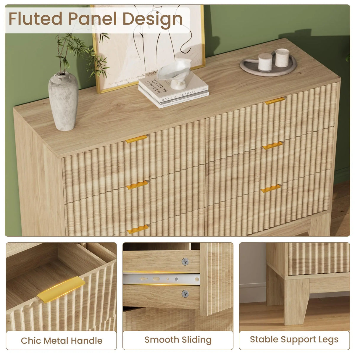 Modern Fluted Six Drawer Dresser With Metal Handles And Storage