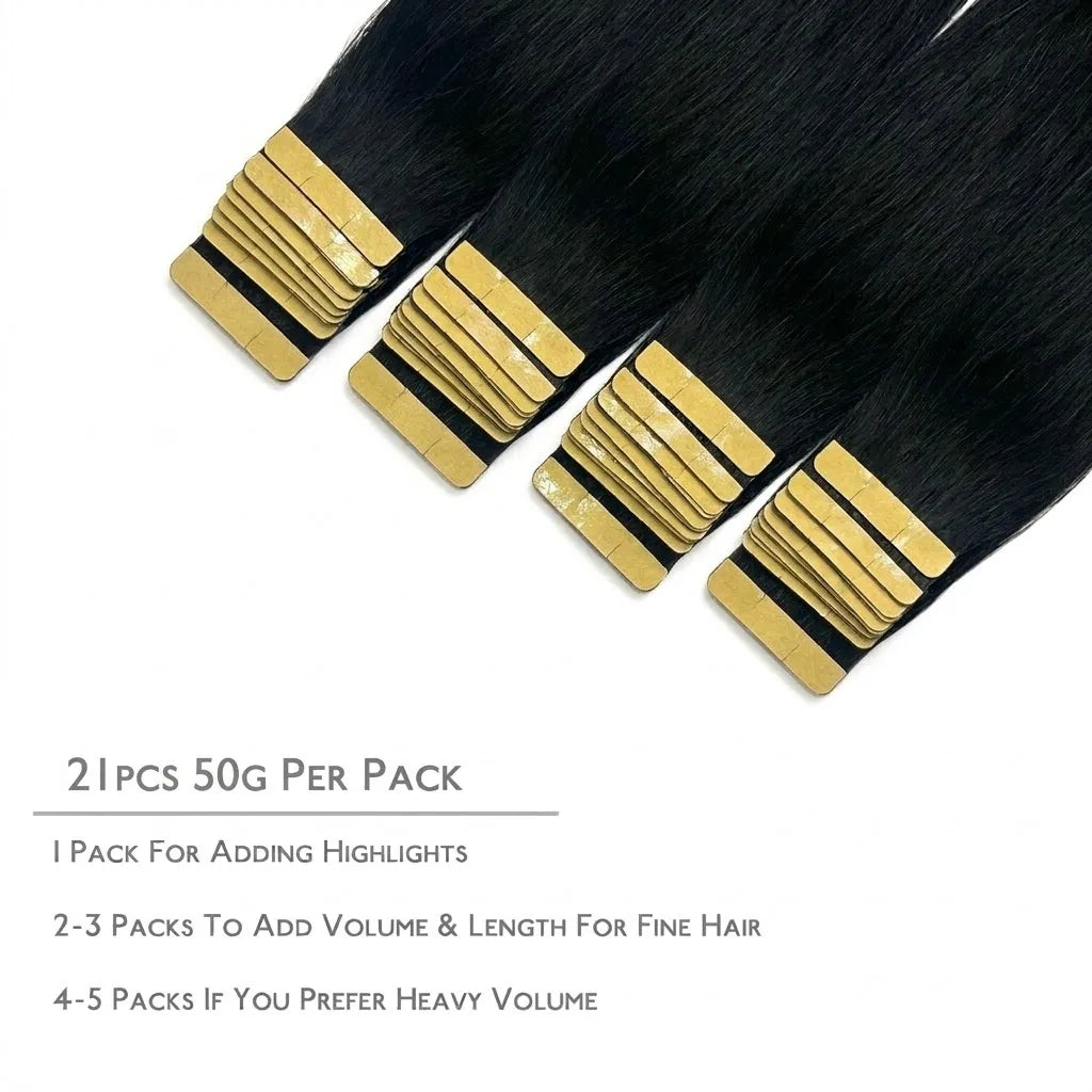 100% Human Hair Tape In Extensions 20 Inch Invisible Seamless PU Skin Weft No Weft Raw Hair Extensions Natural Black Color Adhesive Tape Ins Hair Extension For Women