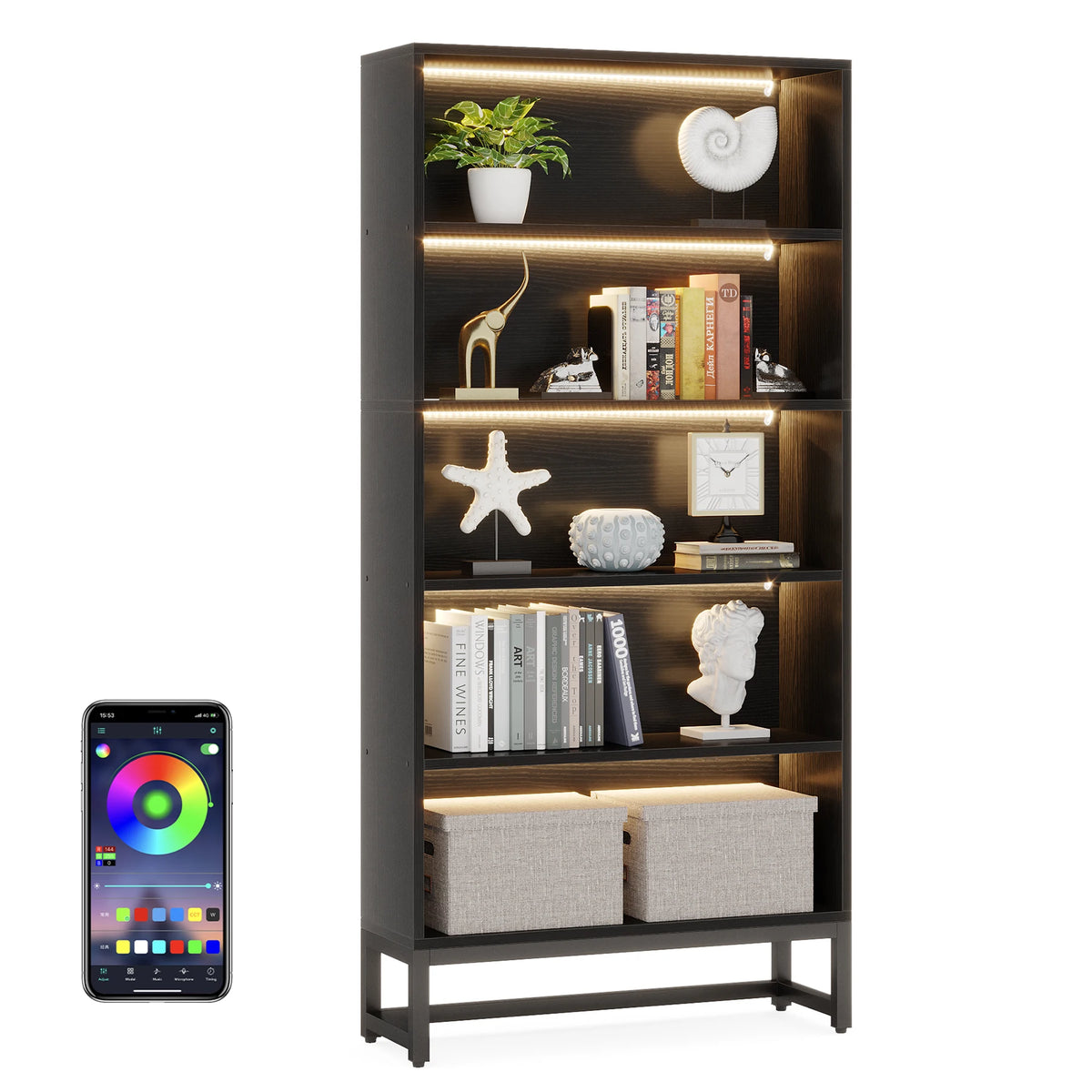 Tribesigns Five Tier Free Standing Library Bookcase With LED Lights