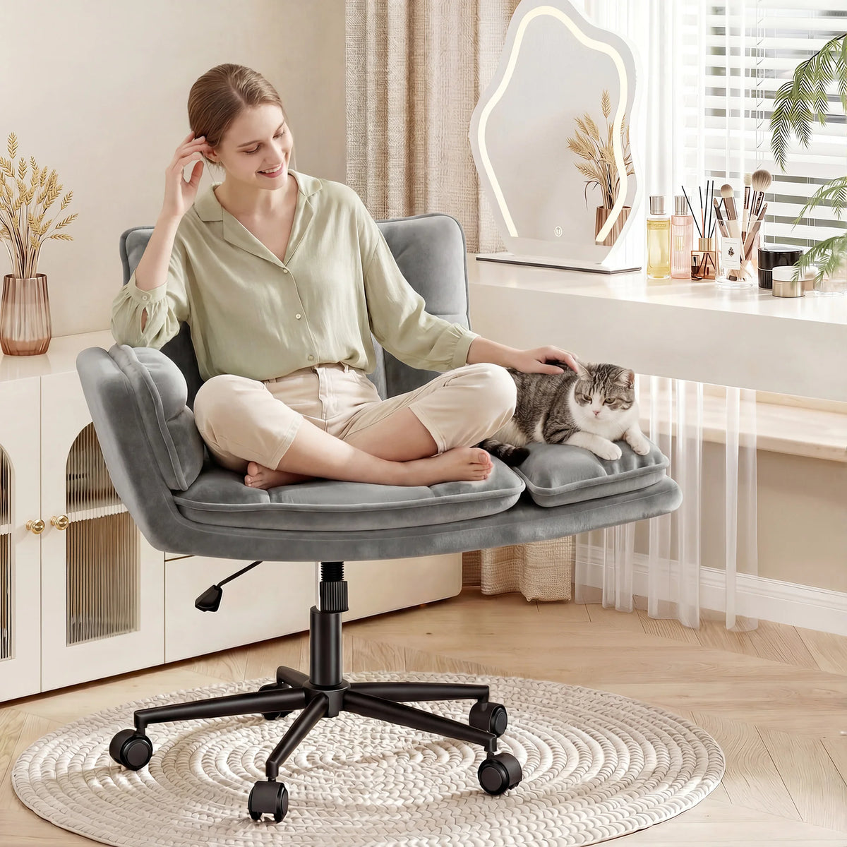 Criss Cross Chair with Wheels, Ergonomic Office Chair with Flip Armrests, Pet-Friendly Vanity Chair for Bedroom Makeup Room