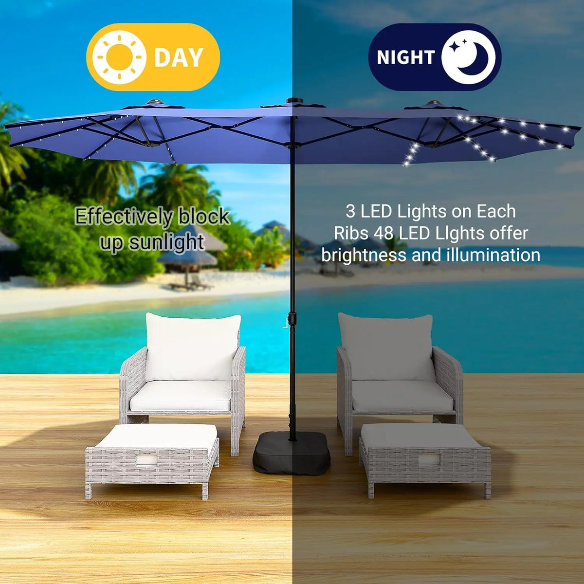 15FT Large Patio Patio Umbrella with Base & Solar LED Lights - Double-Sided, Customized