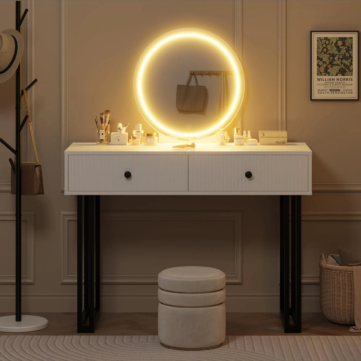 Vanity Desk with Mirror and Lights, Small Makeup Vanity with 2 Drawers, Modern Vanity Organizer with 3 Color Lights&Adjustable Brightness, Dressing Table for Bedroom