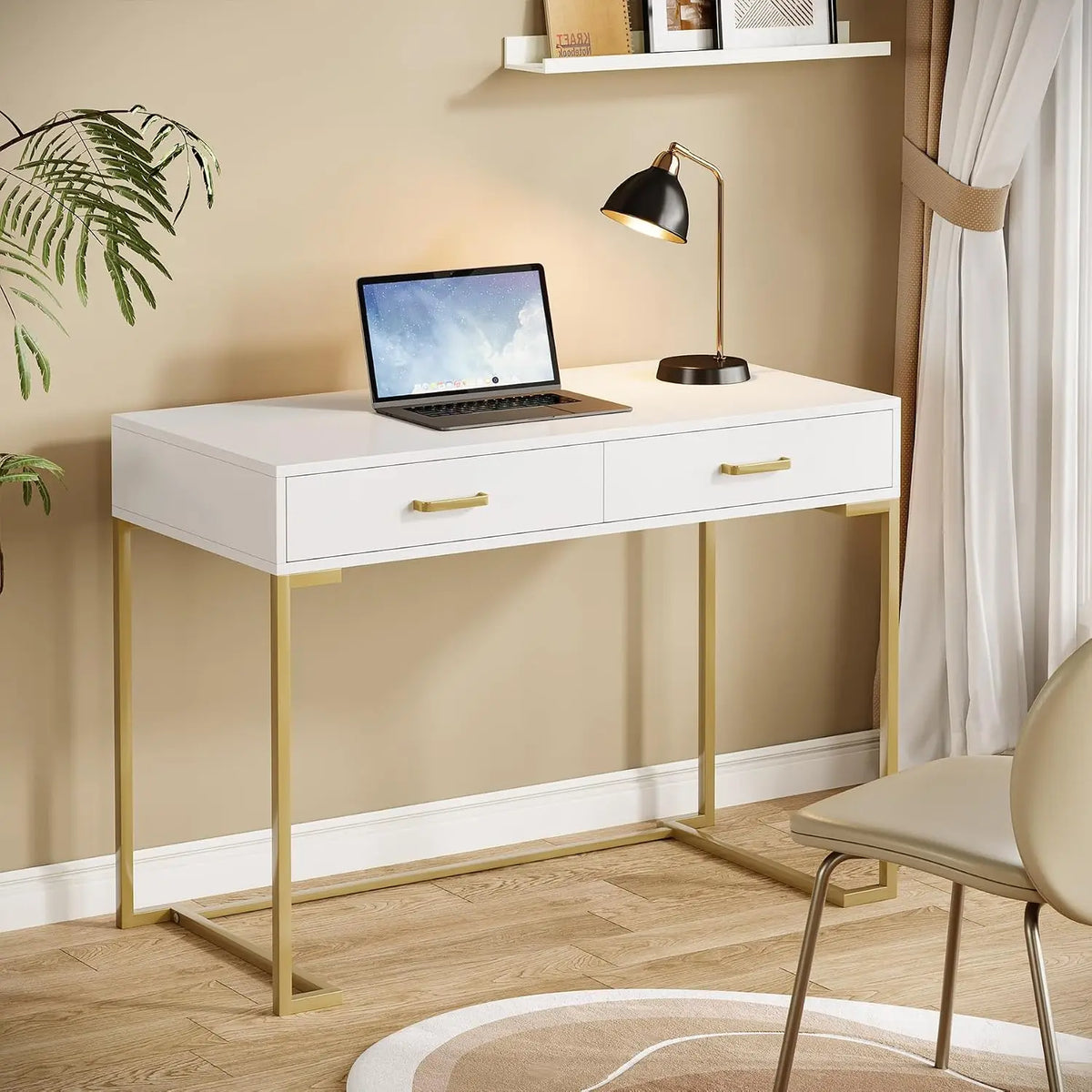White & Gold Modern Computer Desk with 2 Drawers for Home Office Bedroom Small Space, Customized